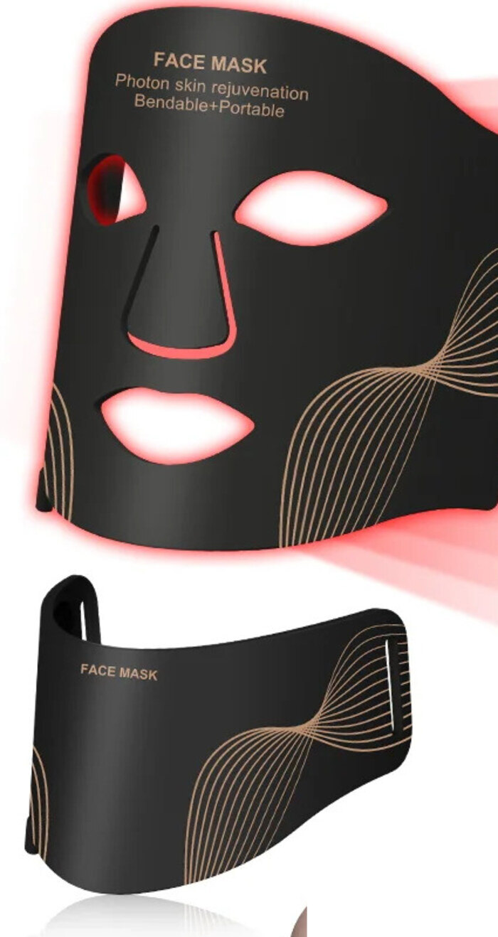 Glow Cadence flexible silicone LED mask and matching neck piece, red light glowing through the contours