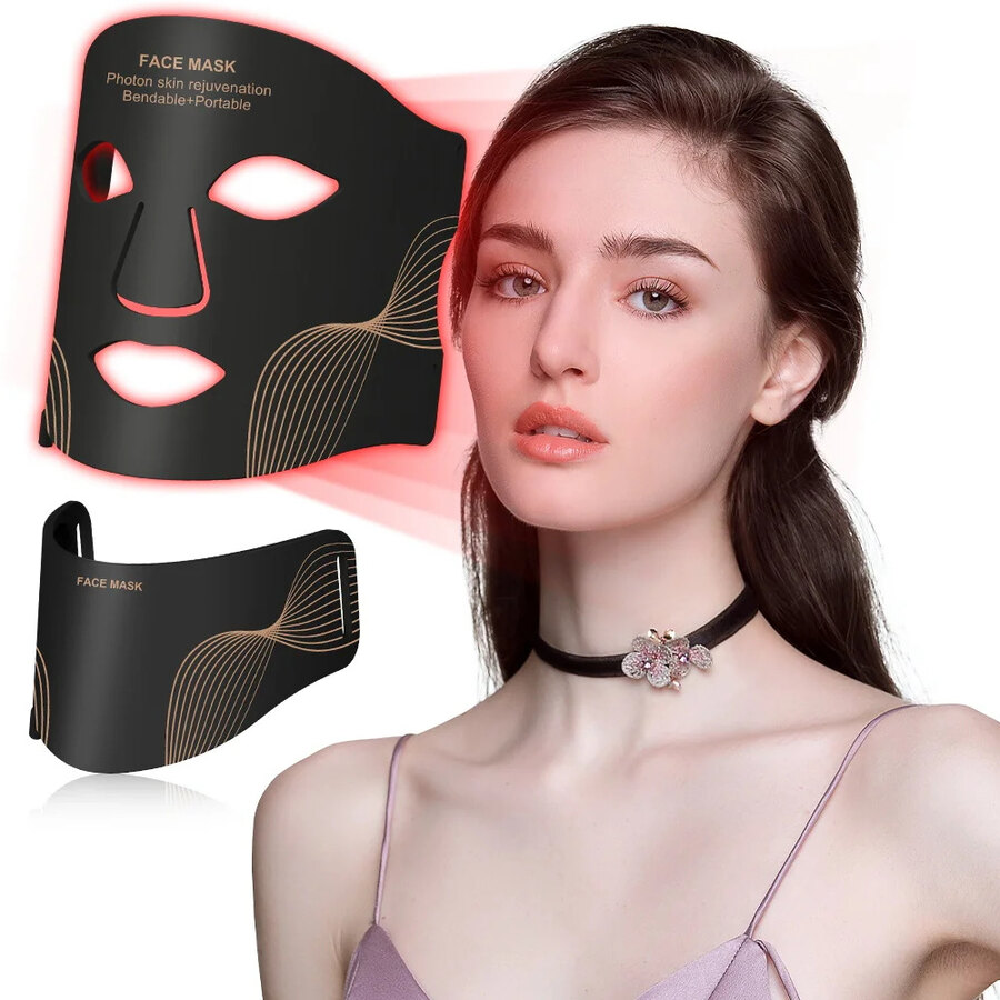 Glow Cadence black silicone LED face mask and neck piece glowing with red light